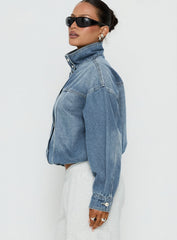 Alfea Funnel Neck Denim Bomber Jacket Mid Blue Wash