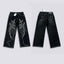 Thug Club Abstract Line Embroidery Black Wide Leg Jeans, Y2K Gothic Baggy Denim Pants
