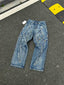 Thug Club Frayed Heart Applique Blue Washed Wide Leg Jeans, Y2K Gothic Baggy Denim Pants