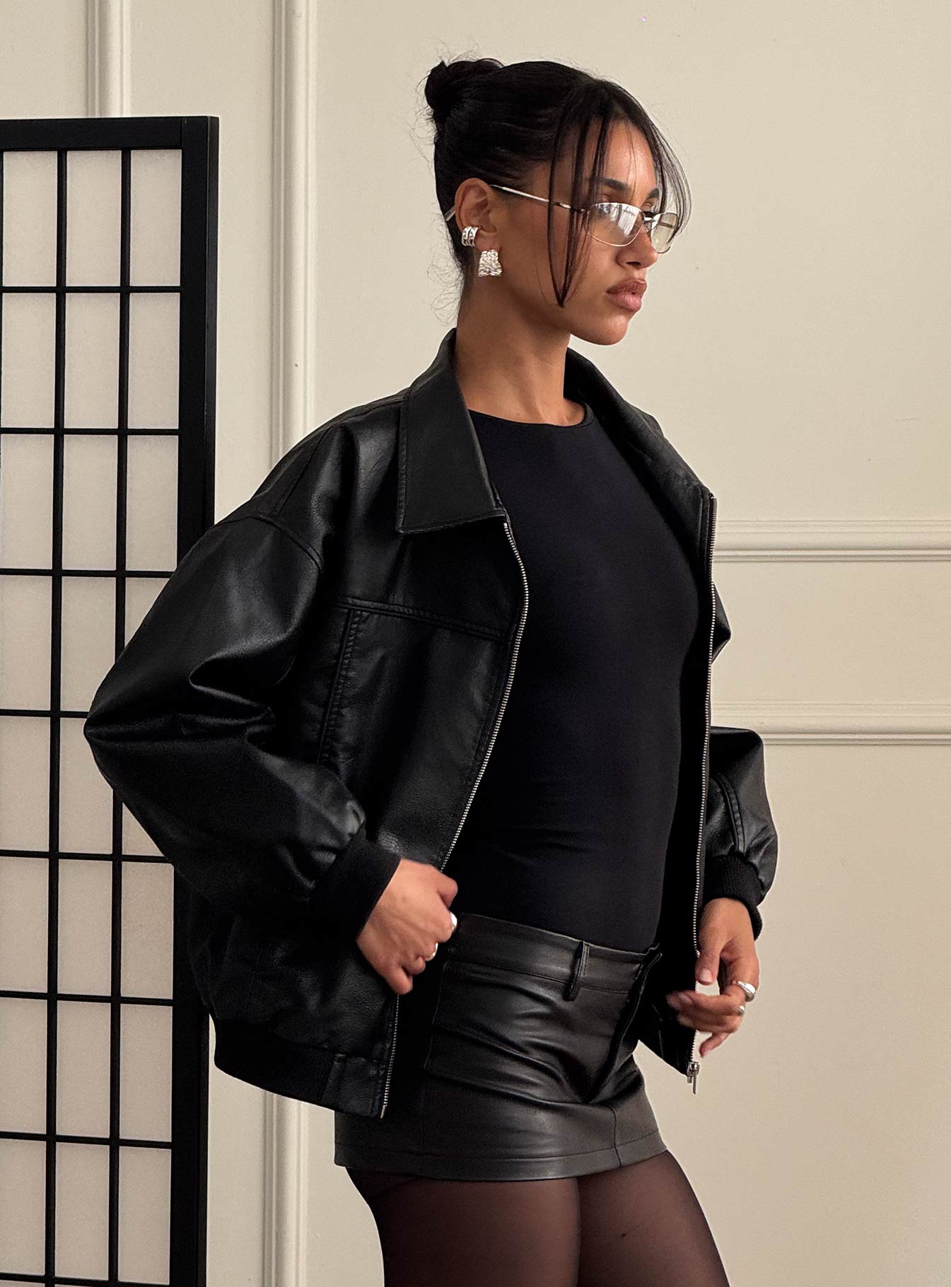 Goldsmith Faux Leather Bomber Jacket Black