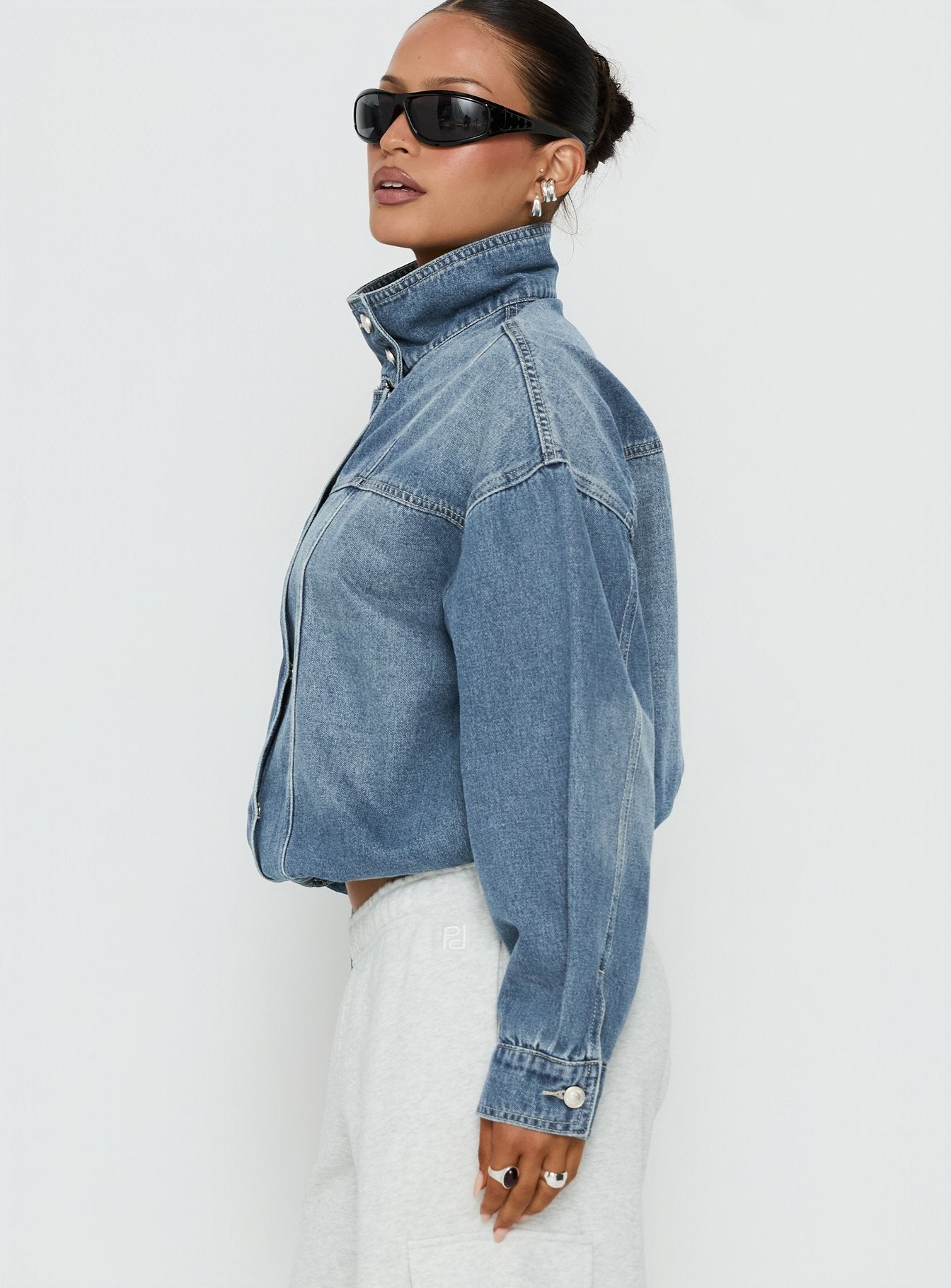 Alfea Funnel Neck Denim Bomber Jacket Mid Blue Wash
