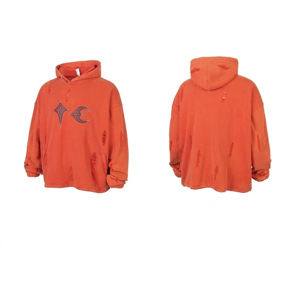 Thug Club Orange Distressed Star Moon Embroidery Oversized Hoodie, Unisex