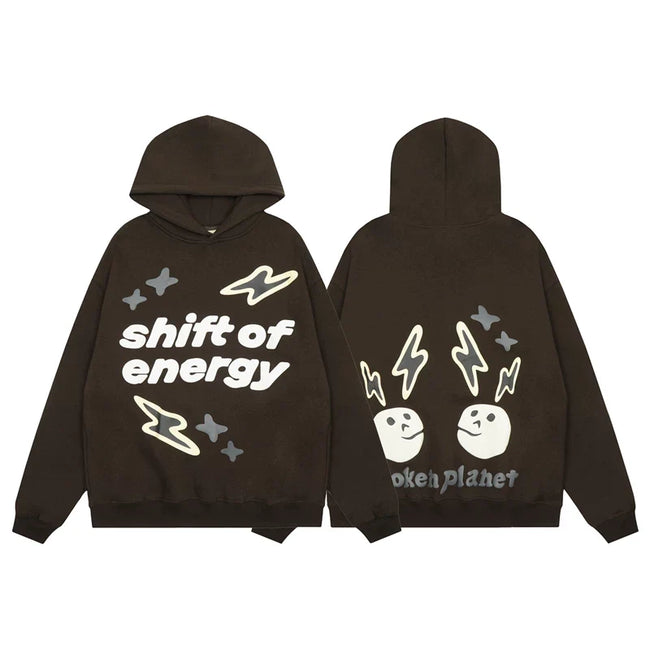 Broken Planet Shift Of Energy Dark Brown Oversized Graphic Hoodie Hover Image