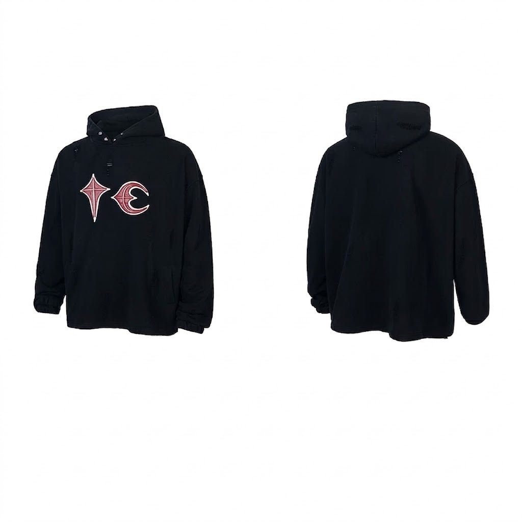 Thug Club Black Red Star Moon Embroidery Oversized Hoodie, Unisex