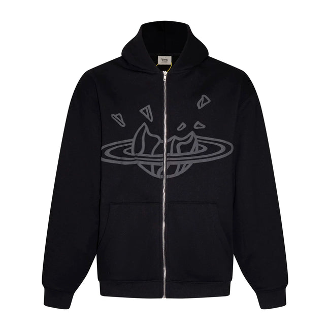 Broken Planet Outline Cracked Planet Black Zip Hoodie Hover Image