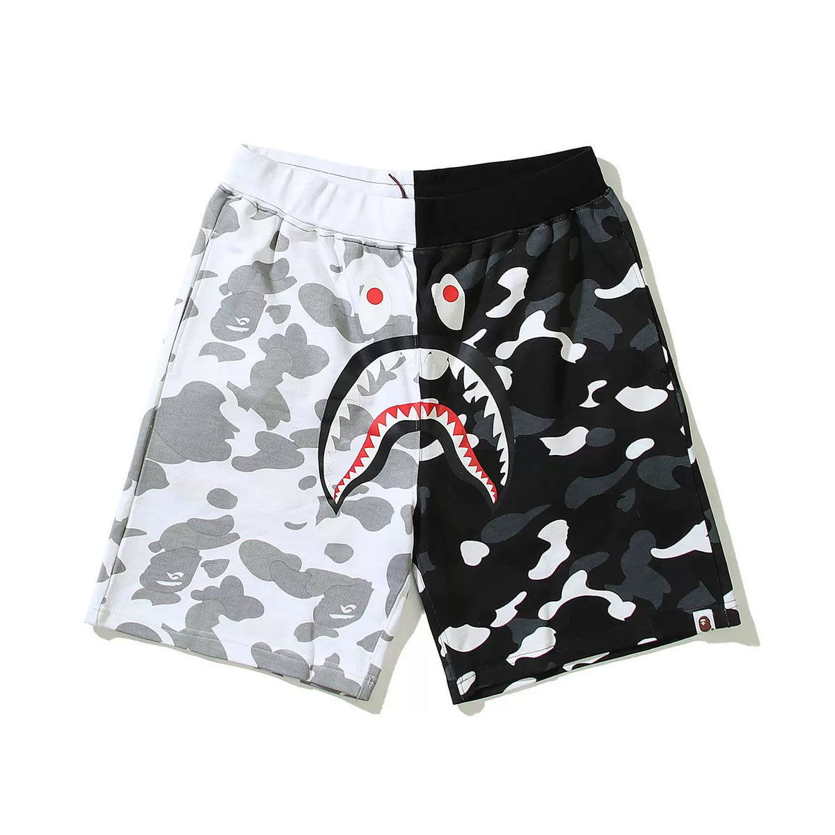 BAPE Style Split-Color Camo Shark Casual Shorts - White/Black