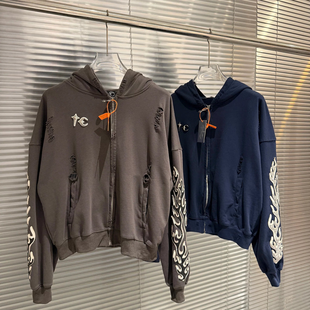 Thug Club Distressed Zip Hoodie with Flame Sleeve Embroidery, Unisex