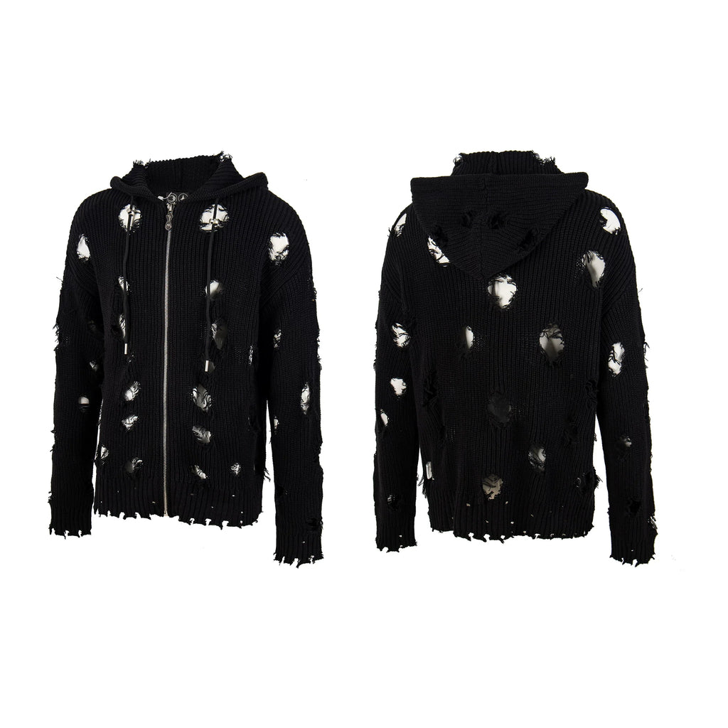 Thug Club Distressed Ripped Knit Zip Up Hooded Cardigan, Y2K Grunge Oversized Sweater Jacket