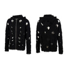 Thug Club Distressed Ripped Knit Zip Up Hooded Cardigan, Y2K Grunge Oversized Sweater Jacket