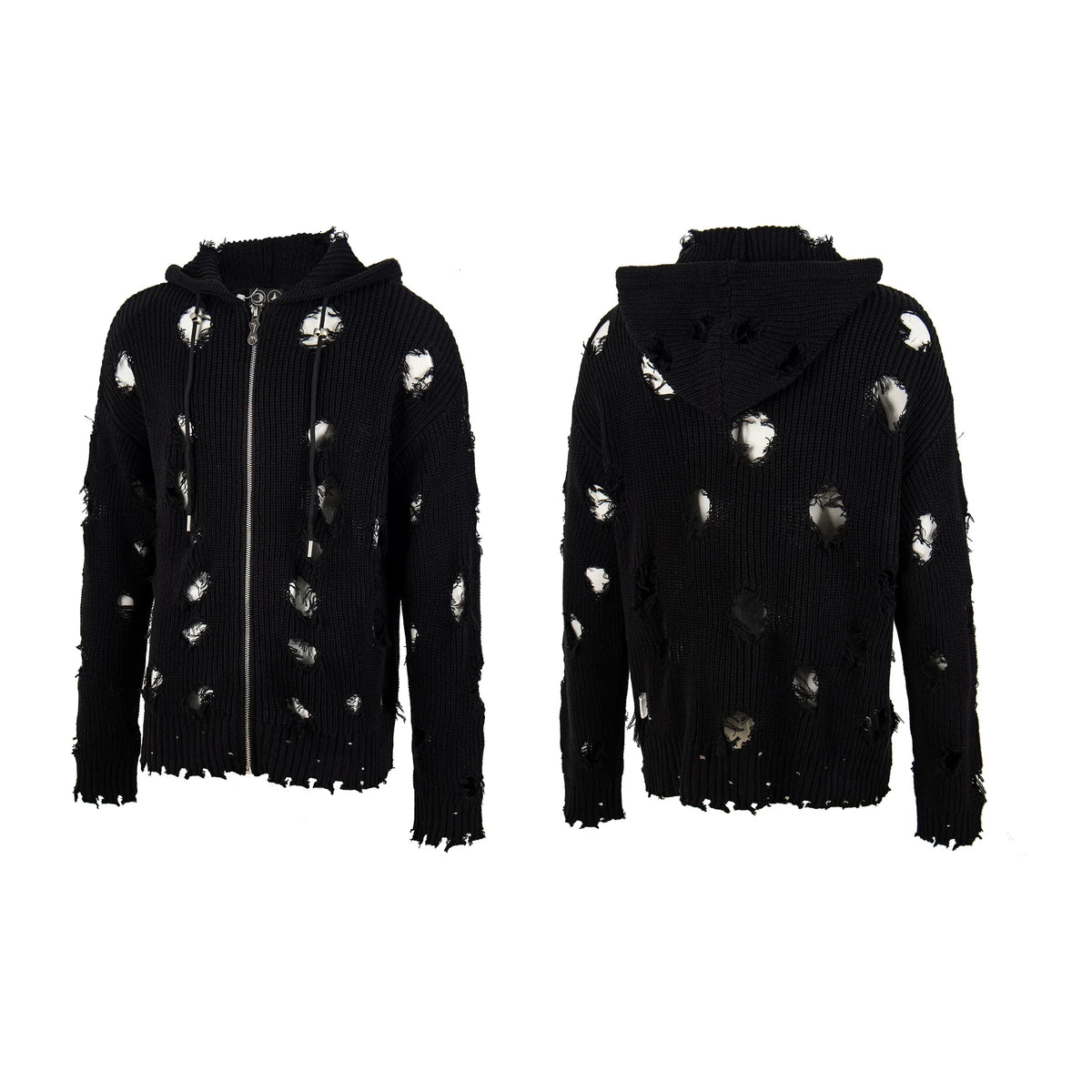 Thug Club Distressed Ripped Knit Zip Up Hooded Cardigan, Y2K Grunge Oversized Sweater Jacket