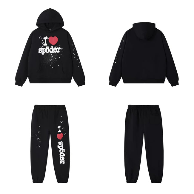 SP5DER Heart Web Graphic Pullover Hoodie and Sweatpants Matching Set - Black / Red Hover Image