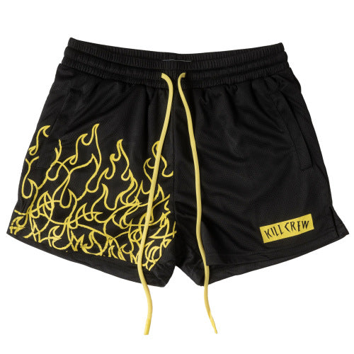 Killcrew Flame Graphic Black and Yellow Mesh Shorts Hover Image