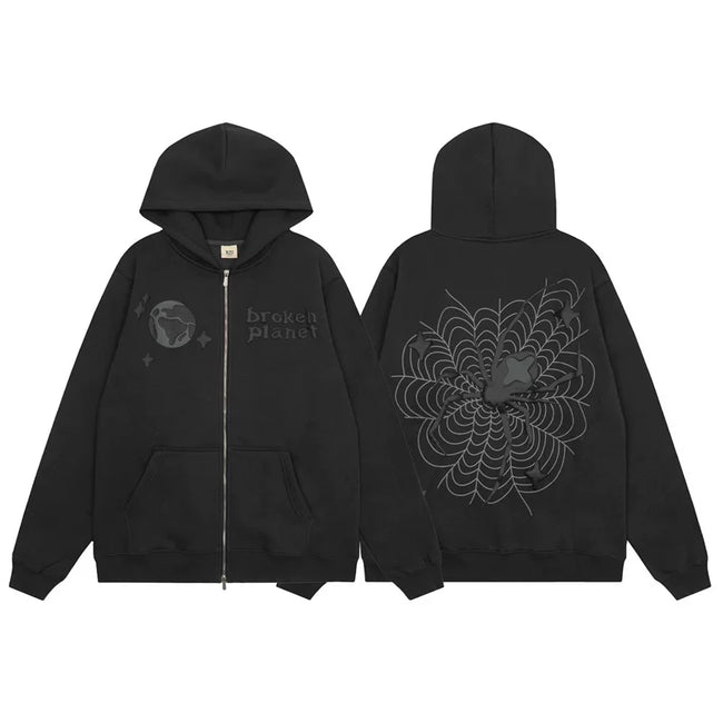 Broken Planet Spider Web Zip Up Hoodie - Black Hover Image