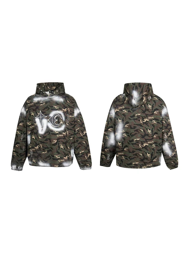Thug Club Camo Spray Paint Star Moon Embroidery Oversized Hoodie, Unisex