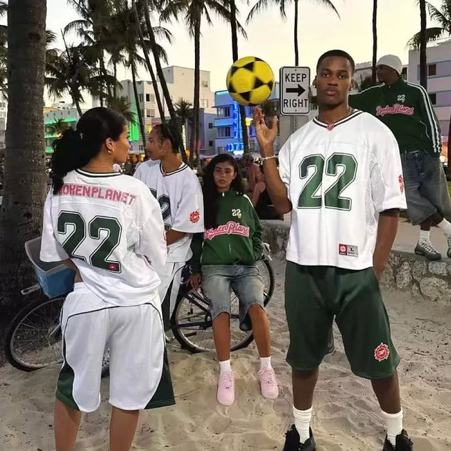 Broken Planet 22 Cropped Mesh Football Jersey, White Retro Oversized Short Football Tee Main Image