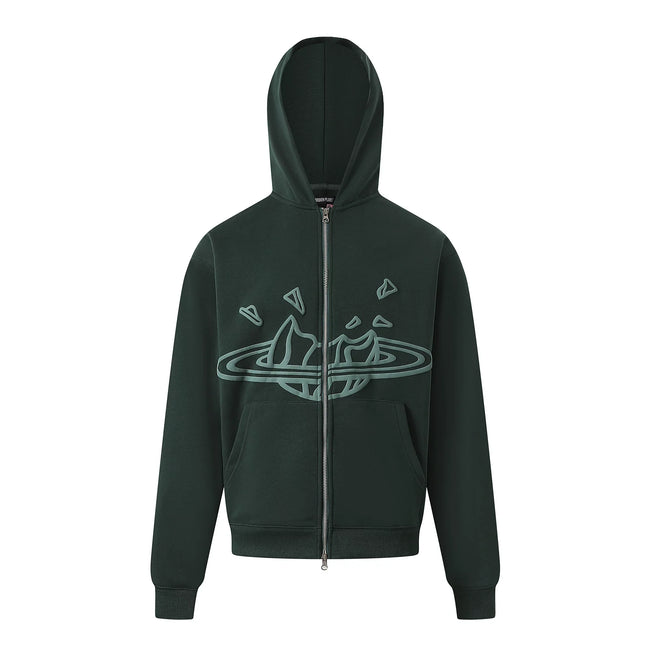 Broken Planet Outline Cracked Planet Forest Green Zip Hoodie Hover Image