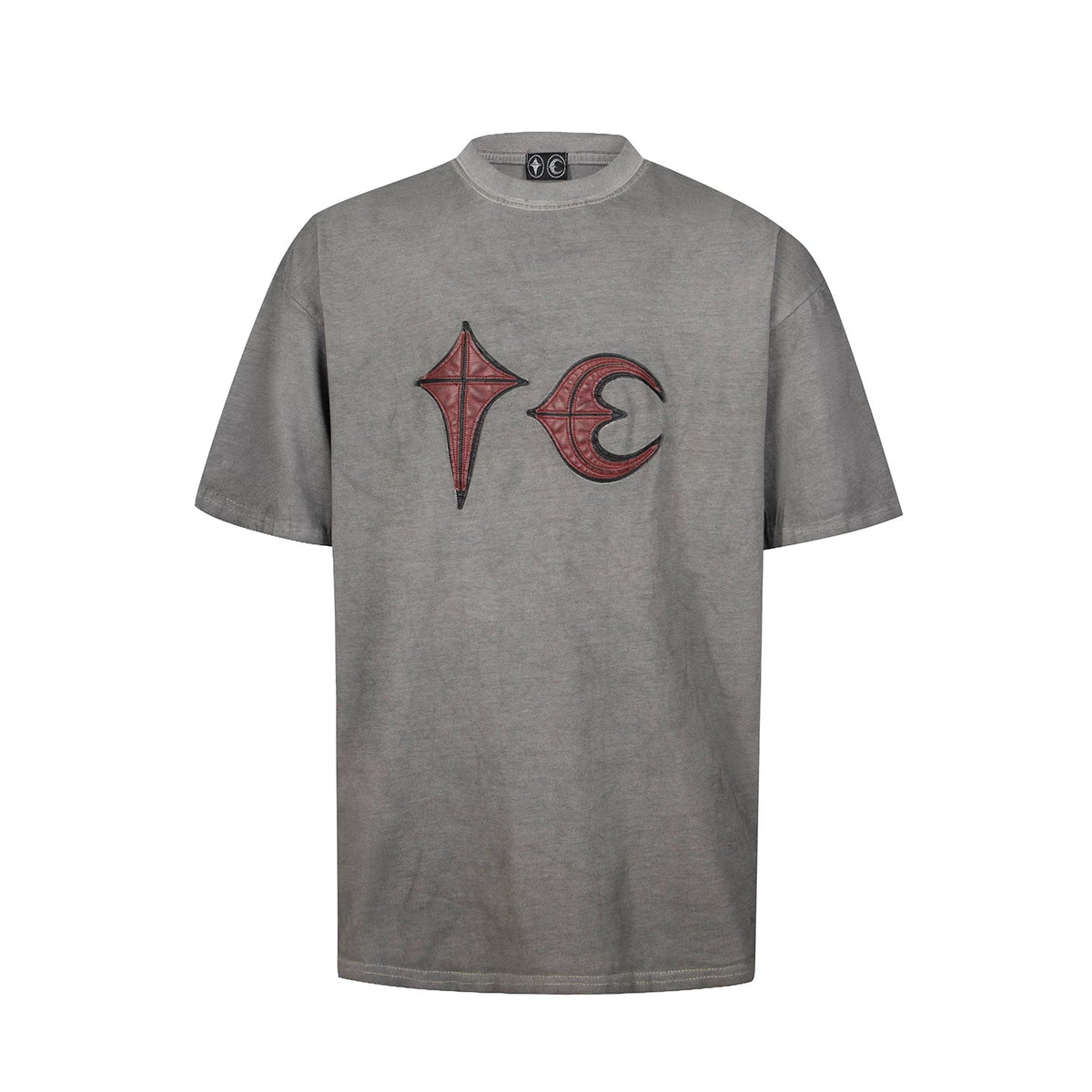 Thug Club Grey Washed Red Leather Star Moon Logo Oversized T-Shirt, Unisex