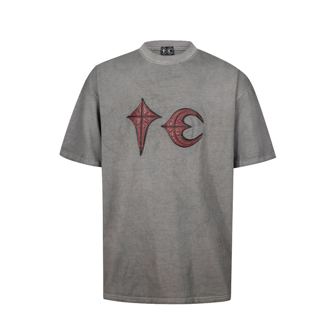 Thug Club Grey Washed Red Leather Star Moon Logo Oversized T-Shirt, Unisex Hover Image