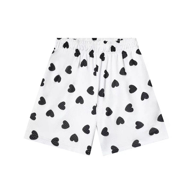 White and Black Heart Print Athletic Shorts  Description