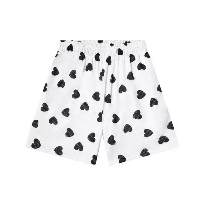 White and Black Heart Print Athletic Shorts  Description Hover Image