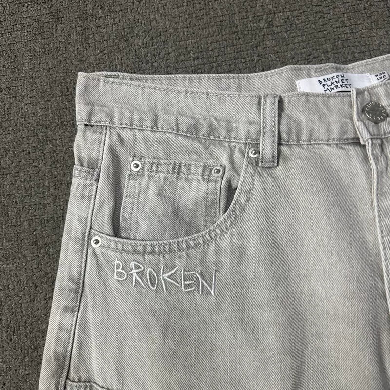 Broken Planet Washed Double Knee Wide Leg Jeans - Light Grey