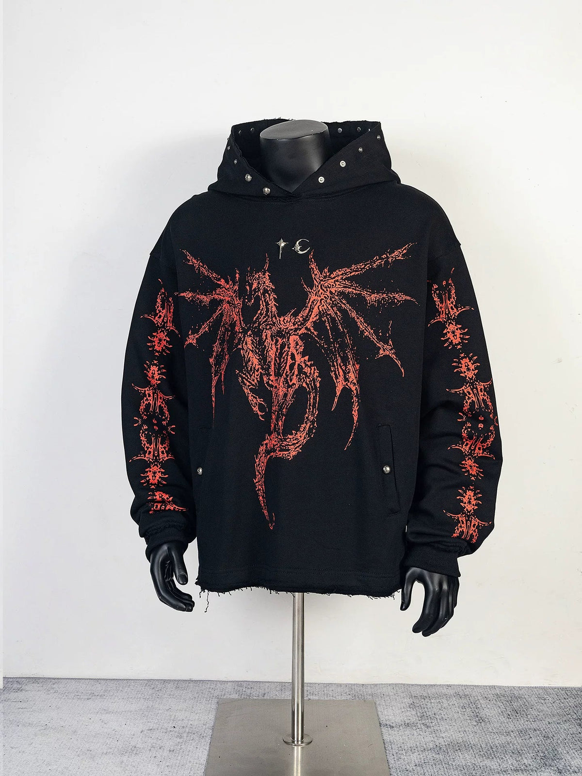 Thug Club Black Red Dragon Graphic Raw Edge Oversized Hoodie, Unisex