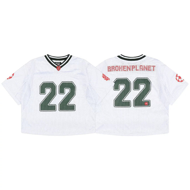 Broken Planet 22 Cropped Mesh Football Jersey, White Retro Oversized Short Football Tee Hover Image