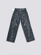 Thug Club Frayed Flare Graphic Black Washed Jeans, Y2K Gothic Wide Leg Denim Pants
