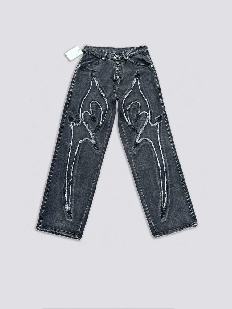 Thug Club Frayed Flare Graphic Black Washed Jeans, Y2K Gothic Wide Leg Denim Pants