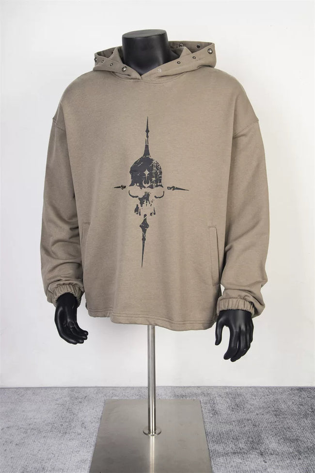 Thug Club Khaki Skull Star Print Studded Hoodie, Unisex Hover Image