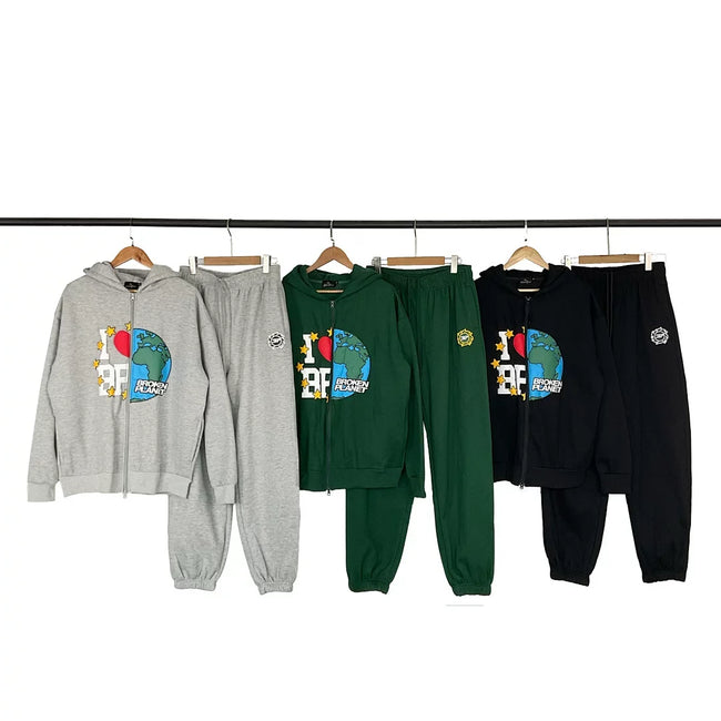 Broken Planet I Love BP Earth Graphic Zip‑Up Tracksuit Set (3 Colors) Hover Image