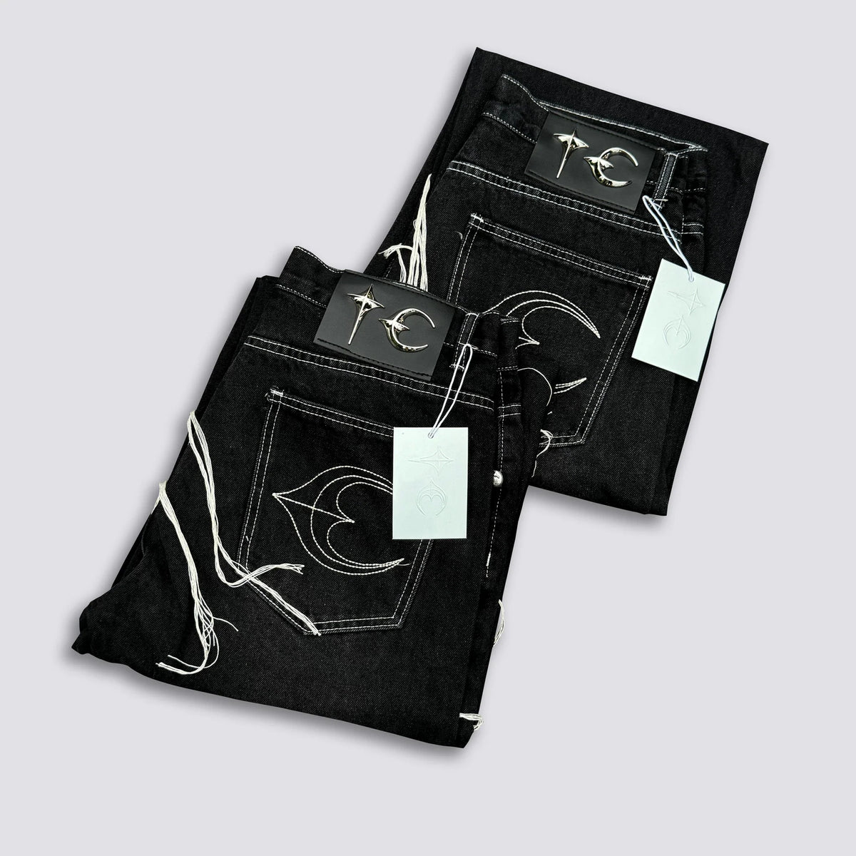 Thug Club Abstract Line Embroidery Black Wide Leg Jeans, Y2K Gothic Baggy Denim Pants