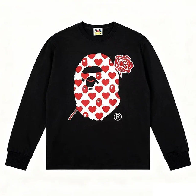 BAPE Style Heart & Rose Ape Head Long-Sleeve Tee - Black/Red-White Hover Image