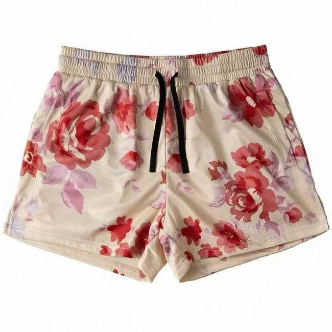 Beige and Red Floral Athletic Shorts Hover Image