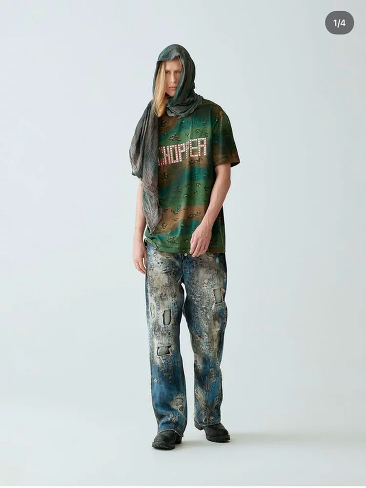 Thug Club Heavy Distressed Bleached Wide Leg Jeans, Y2K Ripped Baggy Denim Pants