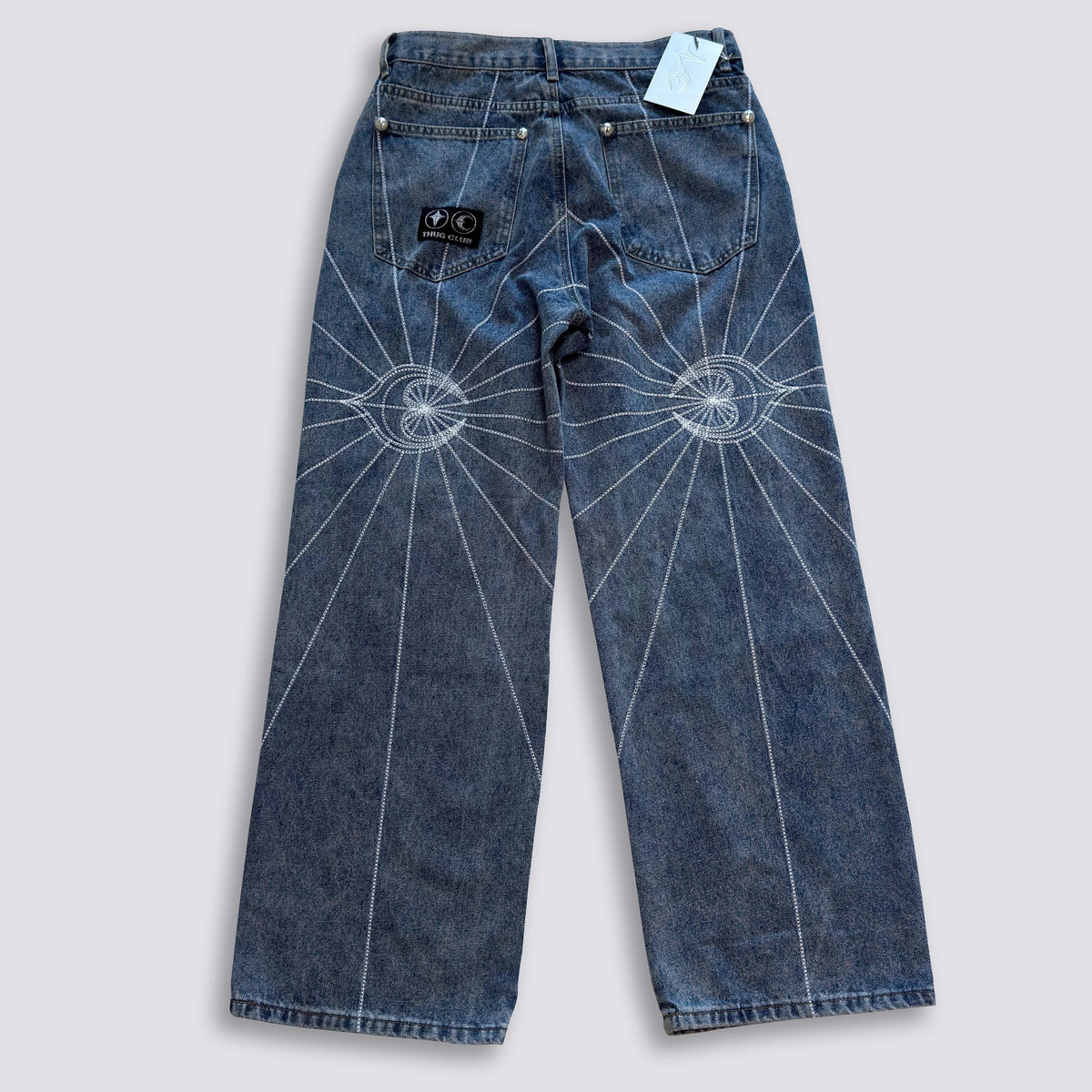 Thug Club Star Eye Radiating Line Embroidered Wide Leg Jeans, Y2K Gothic Baggy Denim Pants