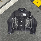 Thug Club Spider Web Fringe Embroidery Cropped Denim Jacket, Y2K Gothic Distressed Black Jean Coat