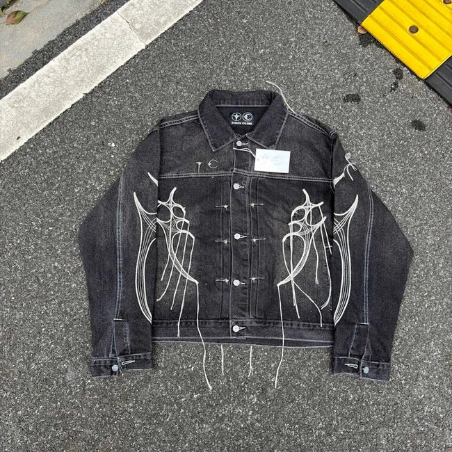 Thug Club Spider Web Fringe Embroidery Cropped Denim Jacket, Y2K Gothic Distressed Black Jean Coat Main Image