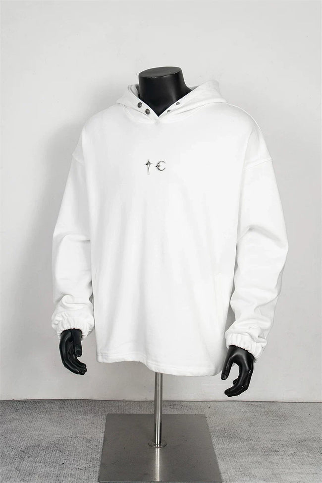 Thug Club White Metal Star Moon Logo Oversized Hoodie, Unisex Hover Image