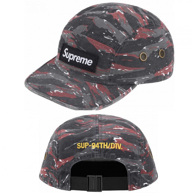 Supreme Red and Black Tiger Stripe Camo 5-Panel Box Logo Camp Cap Hover Image