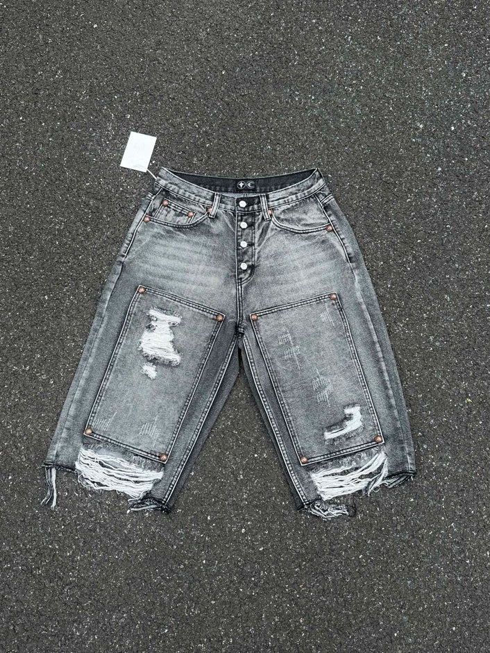 Thug Club Distressed Frayed Denim Jorts, Y2K Grey Washed Multi Pocket Baggy Shorts