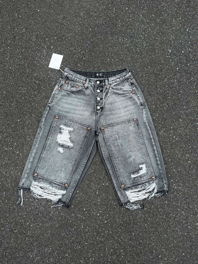 Thug Club Distressed Frayed Denim Jorts, Y2K Grey Washed Multi Pocket Baggy Shorts Hover Image