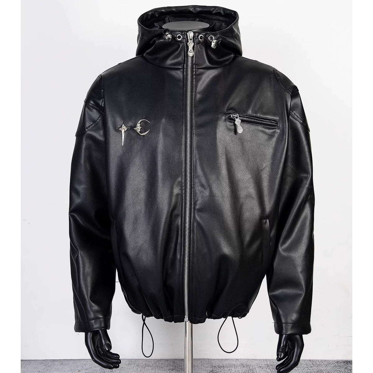 Thug Club Black Hooded Faux Leather Jacket White Star Moon Logo, Unisex