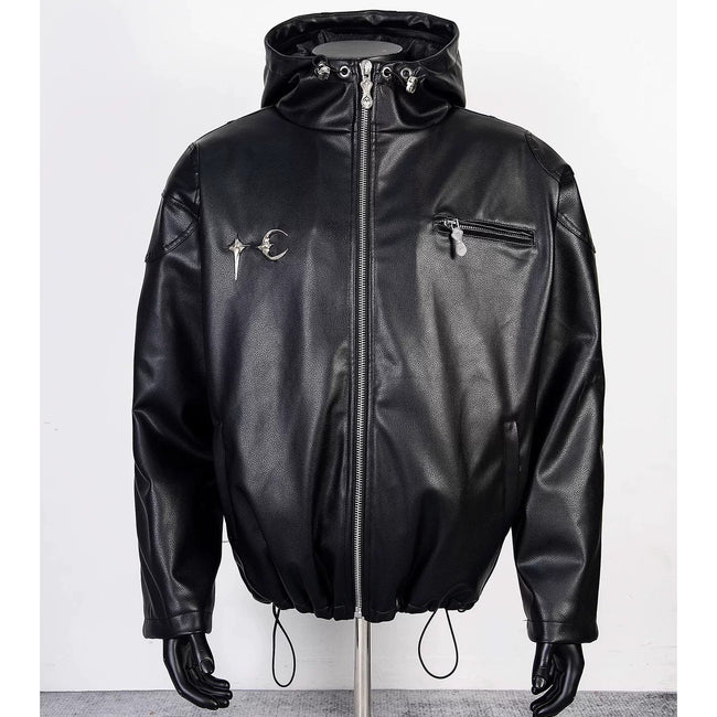 Thug Club Black Hooded Faux Leather Jacket White Star Moon Logo, Unisex Main Image