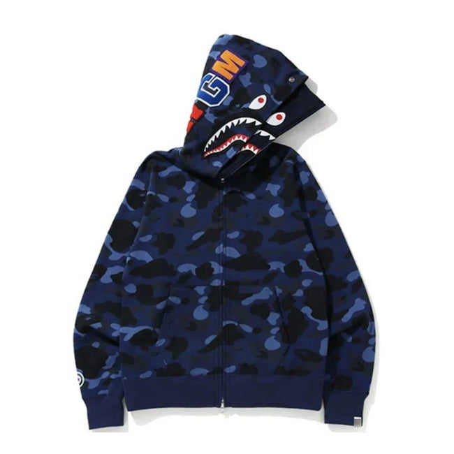 BAPE Style Camo Shark Full-Zip Hoodie - Blue Hover Image