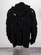 Thug Club Distressed Ripped Knit Zip Up Hooded Cardigan, Y2K Grunge Oversized Sweater Jacket