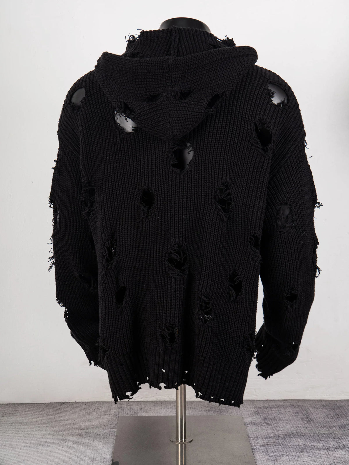 Thug Club Distressed Ripped Knit Zip Up Hooded Cardigan, Y2K Grunge Oversized Sweater Jacket