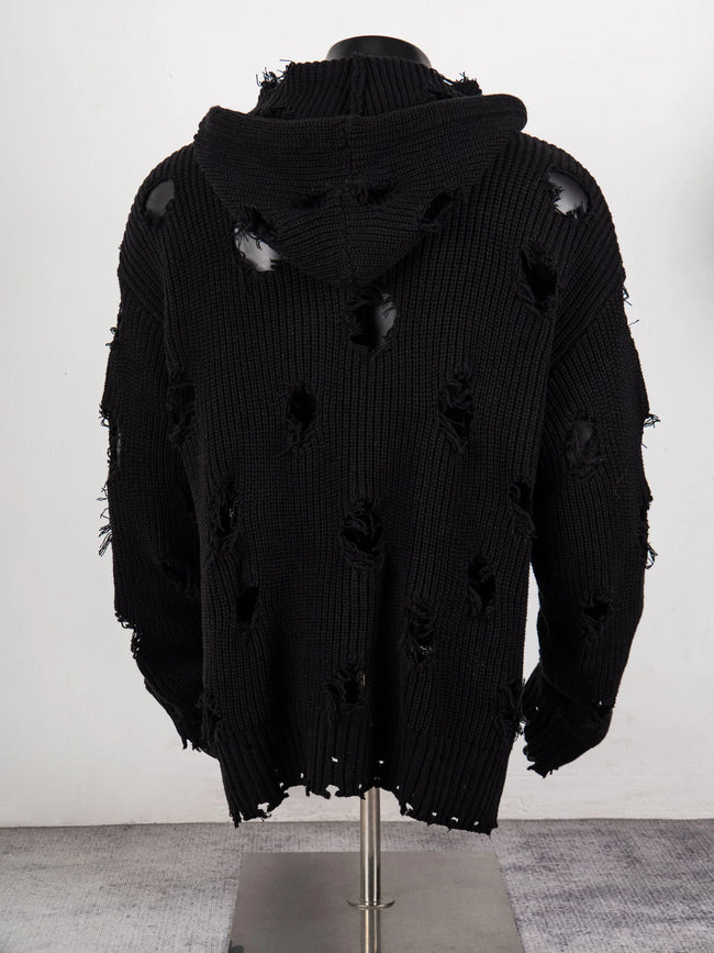 Thug Club Distressed Ripped Knit Zip Up Hooded Cardigan, Y2K Grunge Oversized Sweater Jacket Main Image
