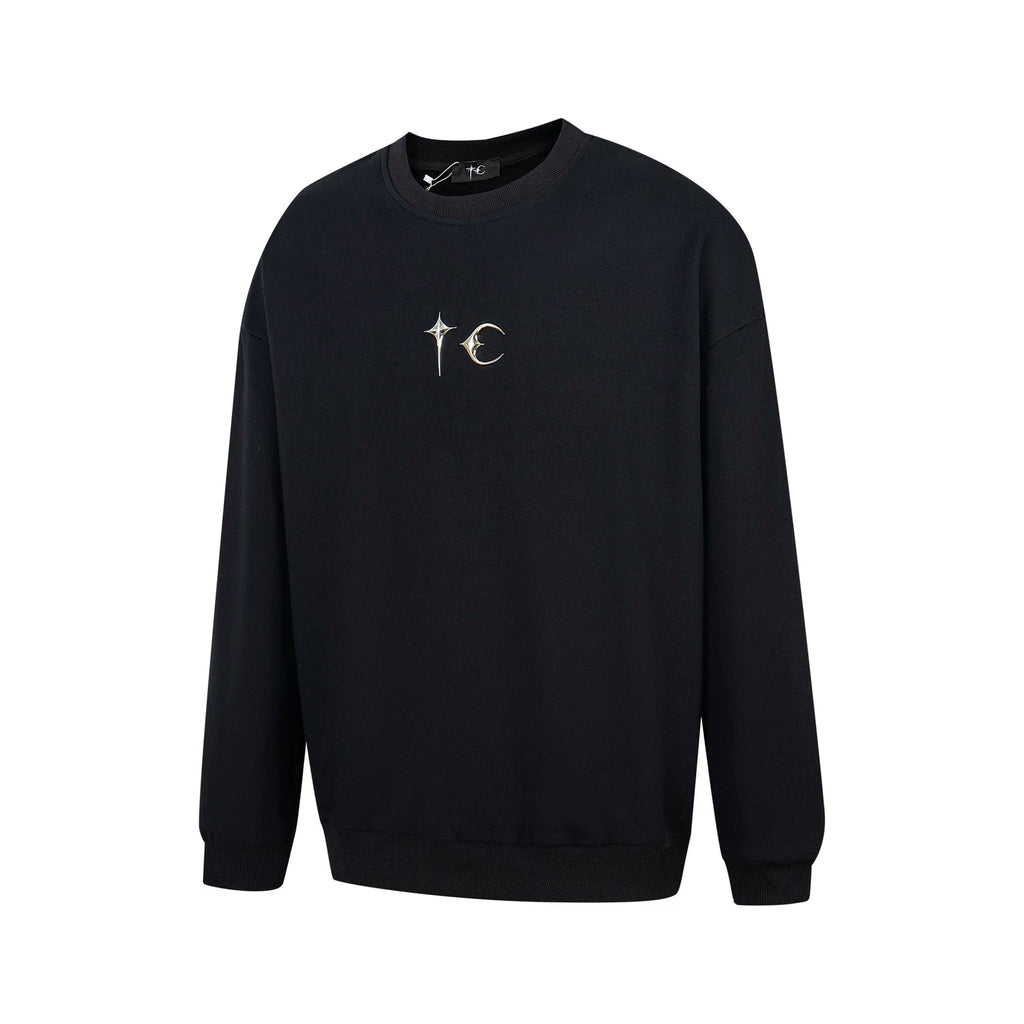 Thug Club Metal Star Moon Logo Crewneck Sweatshirt, Y2K Gothic Oversized Black Sweater