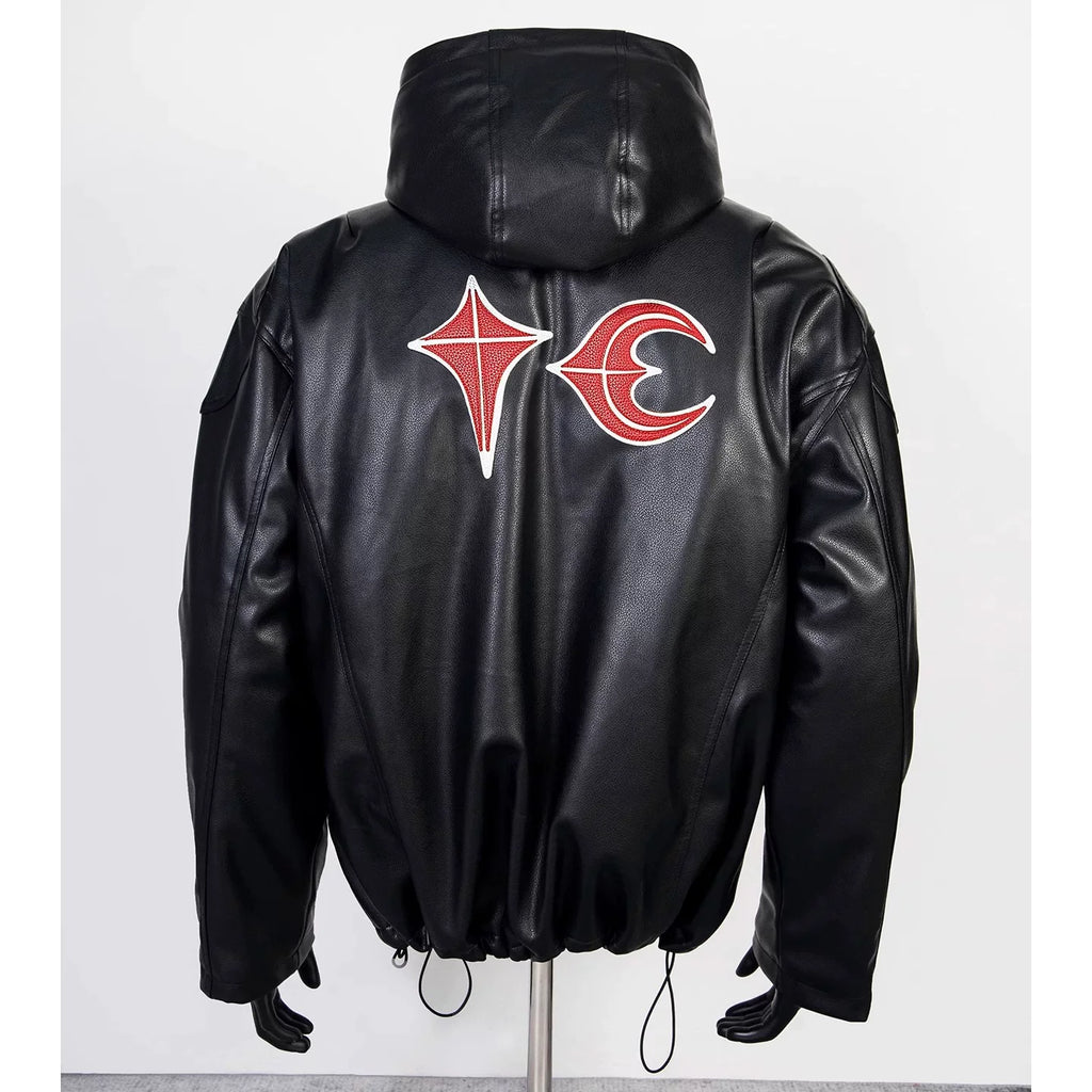 Thug Club Black Hooded Faux Leather Jacket Red Star Moon Logo, Unisex